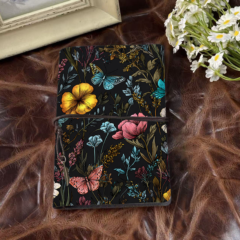 A6 Handmade Office Notebook, 80 Sheets, Metal Loose - leaf, Vintage Tether & Metal Pendant, Vintage Yellow Paper with Butterflies, flowers