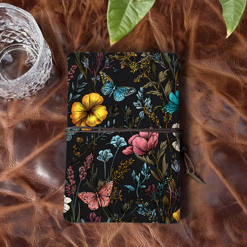 A6 Handmade Office Notebook, 80 Sheets, Metal Loose - leaf, Vintage Tether & Metal Pendant, Vintage Yellow Paper with Butterflies, flowers