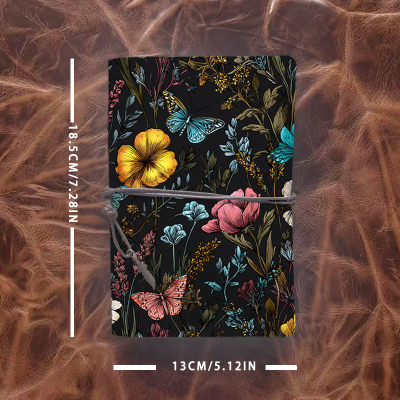 A6 Handmade Office Notebook, 80 Sheets, Metal Loose - leaf, Vintage Tether & Metal Pendant, Vintage Yellow Paper with Butterflies, flowers