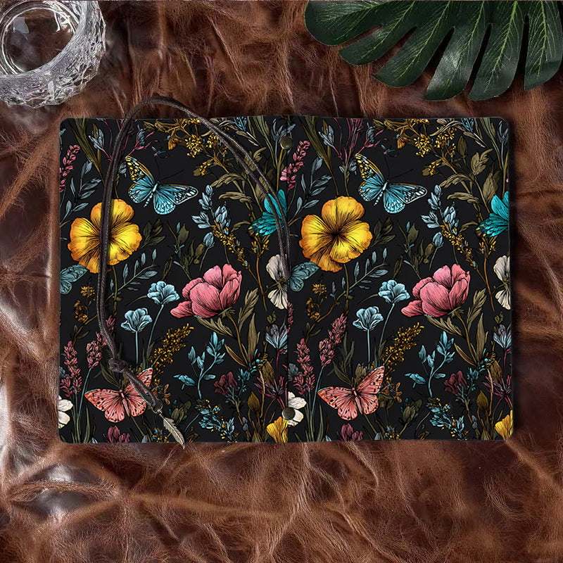 A6 Handmade Office Notebook, 80 Sheets, Metal Loose - leaf, Vintage Tether & Metal Pendant, Vintage Yellow Paper with Butterflies, flowers