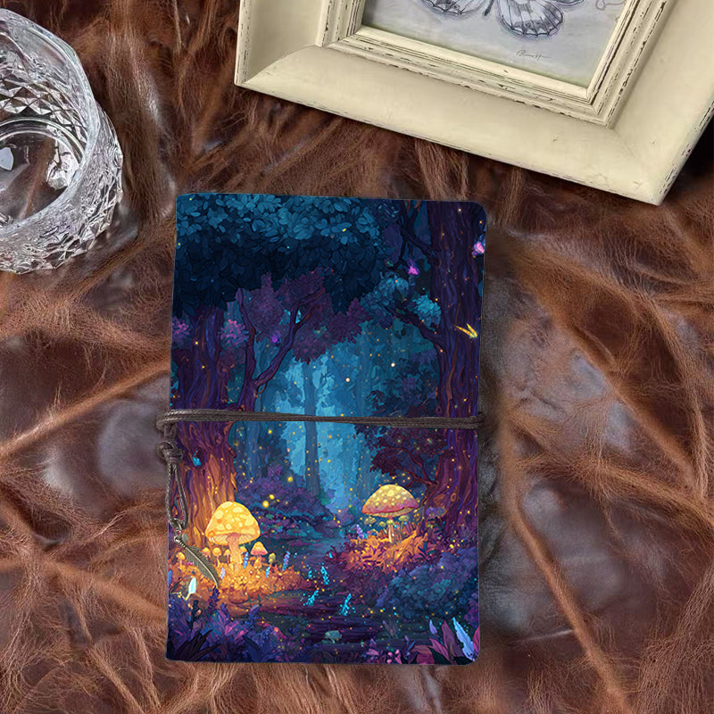 Handmade A6 Notebook - 80 Sheets, Metal Loose - leaf, Vintage Tether Closure with Metal Pendant, Office Daily Use with Trees, mushrooms, fi