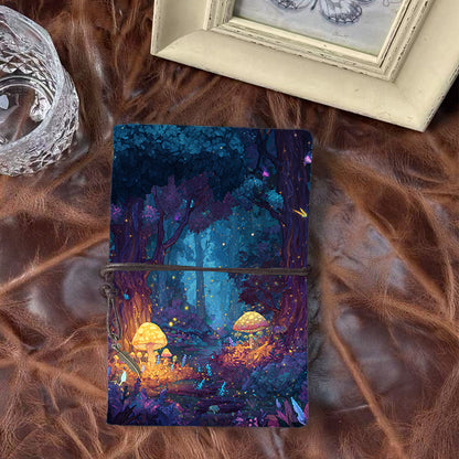 Handmade A6 Notebook - 80 Sheets, Metal Loose - leaf, Vintage Tether Closure with Metal Pendant, Office Daily Use with Trees, mushrooms, fi