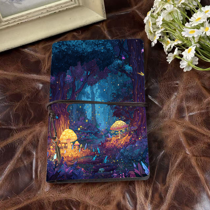 Handmade A6 Notebook - 80 Sheets, Metal Loose - leaf, Vintage Tether Closure with Metal Pendant, Office Daily Use with Trees, mushrooms, fi