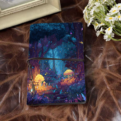 Handmade A6 Notebook - 80 Sheets, Metal Loose - leaf, Vintage Tether Closure with Metal Pendant, Office Daily Use with Trees, mushrooms, fi