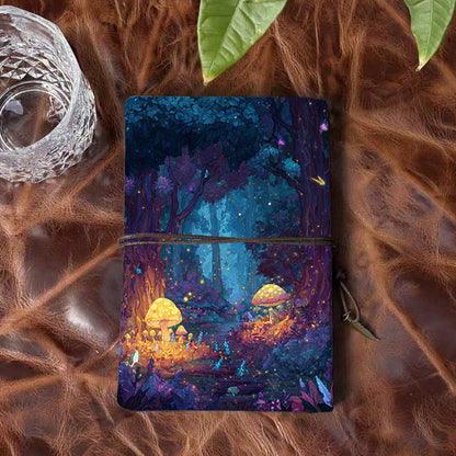 Handmade A6 Notebook - 80 Sheets, Metal Loose - leaf, Vintage Tether Closure with Metal Pendant, Office Daily Use with Trees, mushrooms, fi