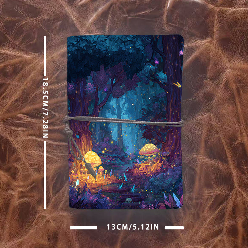 Handmade A6 Notebook - 80 Sheets, Metal Loose - leaf, Vintage Tether Closure with Metal Pendant, Office Daily Use with Trees, mushrooms, fi