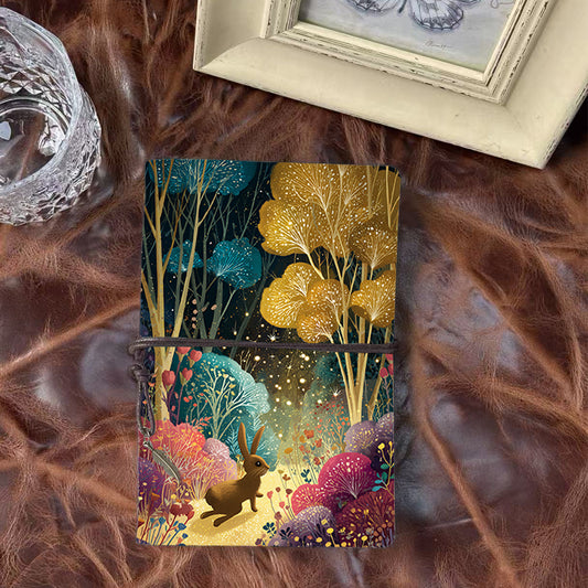 Handmade Office A6 Notebook, Metal Loose - leaf, 80 Sheets, Vintage Tethered Closure with Metal Pendant with Rabbit, trees, flowers, firefl