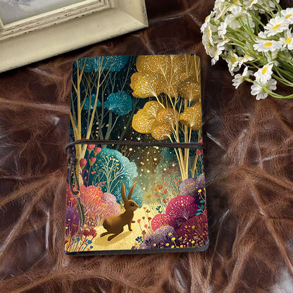 Handmade Office A6 Notebook, Metal Loose - leaf, 80 Sheets, Vintage Tethered Closure with Metal Pendant with Rabbit, trees, flowers, firefl