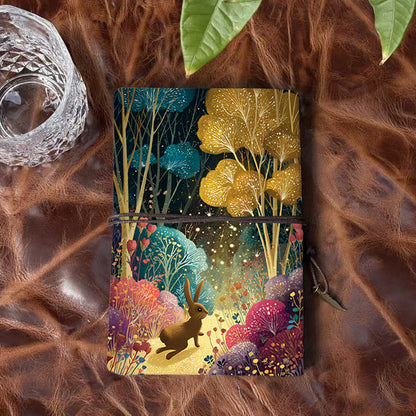 Handmade Office A6 Notebook, Metal Loose - leaf, 80 Sheets, Vintage Tethered Closure with Metal Pendant with Rabbit, trees, flowers, firefl