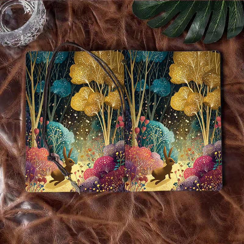 Handmade Office A6 Notebook, Metal Loose - leaf, 80 Sheets, Vintage Tethered Closure with Metal Pendant with Rabbit, trees, flowers, firefl