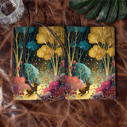 Handmade Office A6 Notebook, Metal Loose - leaf, 80 Sheets, Vintage Tethered Closure with Metal Pendant with Rabbit, trees, flowers, firefl