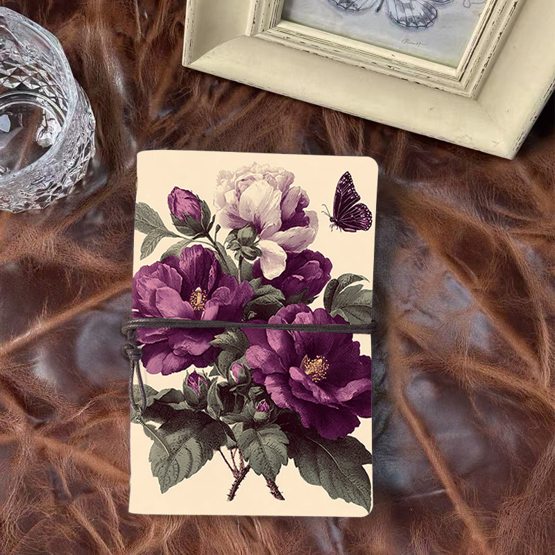 A6 Handmade Vintage Notebook, 80 Sheets, Metal Loose - leaf, Tether with Metal Pendant, Great for Office Documentation with Roses, leaves,