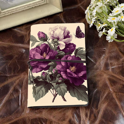 A6 Handmade Vintage Notebook, 80 Sheets, Metal Loose - leaf, Tether with Metal Pendant, Great for Office Documentation with Roses, leaves,