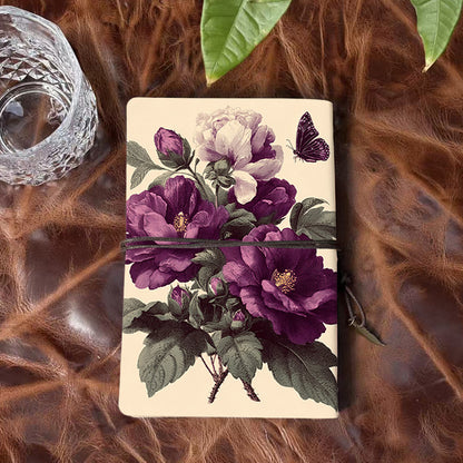 A6 Handmade Vintage Notebook, 80 Sheets, Metal Loose - leaf, Tether with Metal Pendant, Great for Office Documentation with Roses, leaves,