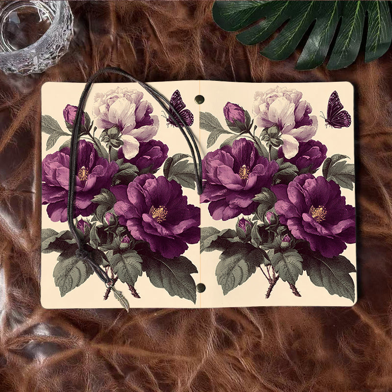 A6 Handmade Vintage Notebook, 80 Sheets, Metal Loose - leaf, Tether with Metal Pendant, Great for Office Documentation with Roses, leaves,