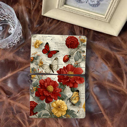 Handmade A6 Office Notebook in Vintage Aesthetic, Metal Loose - leaf, 160 Pages, Tether & Metal Pendant with Butterflies, ladybugs, red and