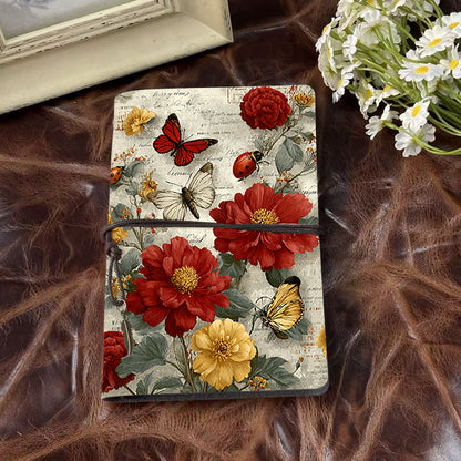 Handmade A6 Office Notebook in Vintage Aesthetic, Metal Loose - leaf, 160 Pages, Tether & Metal Pendant with Butterflies, ladybugs, red and