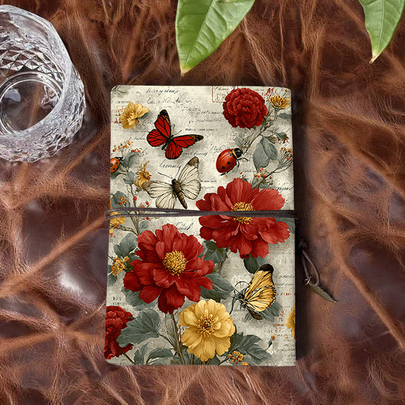 Handmade A6 Office Notebook in Vintage Aesthetic, Metal Loose - leaf, 160 Pages, Tether & Metal Pendant with Butterflies, ladybugs, red and
