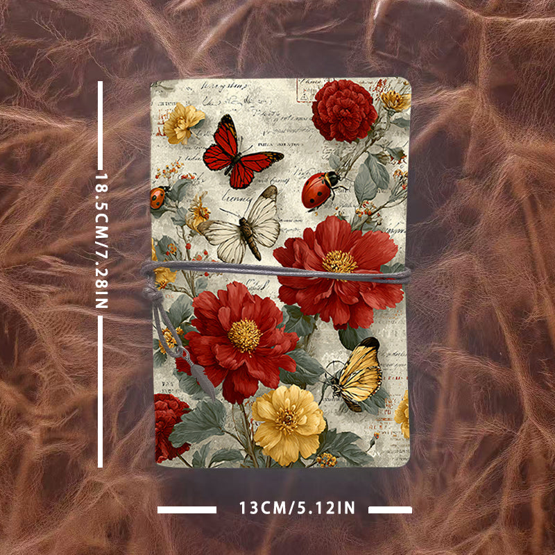 Handmade A6 Office Notebook in Vintage Aesthetic, Metal Loose - leaf, 160 Pages, Tether & Metal Pendant with Butterflies, ladybugs, red and