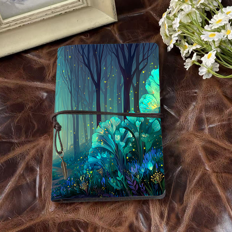 A6 Handmade Notebook, Vintage - look Metal Loose - leaf, 80 Sheets, Tether Closure with Metal Pendant, Office Use with Trees, flowers, fire