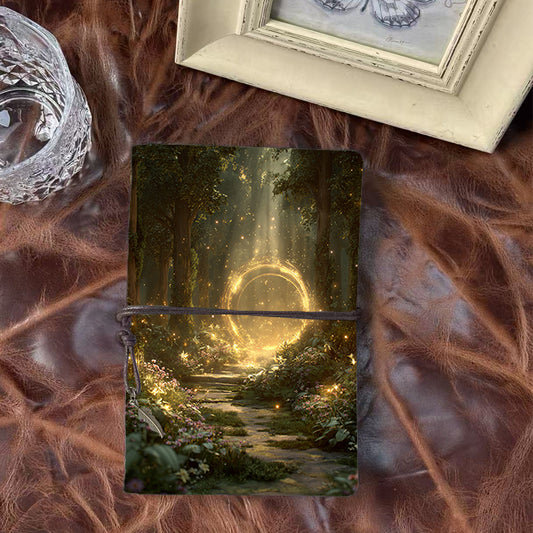 Handmade A6 Vintage - themed Notebook, Metal Binder, 80 Sheets, Tether & Metal Pendant, Office Meeting Notes with Forest, path, portal, flo