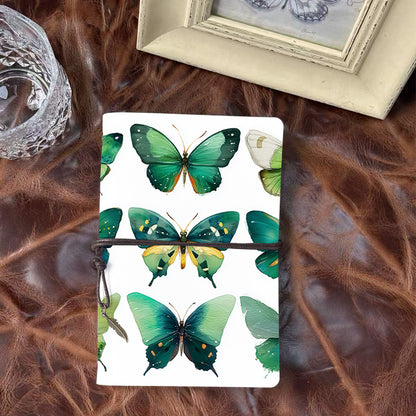 A6 Handmade Office Notebook, Vintage Design Metal Loose - leaf, 80 Sheets, Tether Closure w/ Metal Pendant with Green - hued butterflies wi