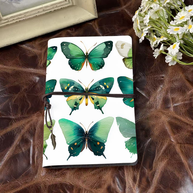 A6 Handmade Office Notebook, Vintage Design Metal Loose - leaf, 80 Sheets, Tether Closure w/ Metal Pendant with Green - hued butterflies wi
