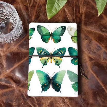 A6 Handmade Office Notebook, Vintage Design Metal Loose - leaf, 80 Sheets, Tether Closure w/ Metal Pendant with Green - hued butterflies wi