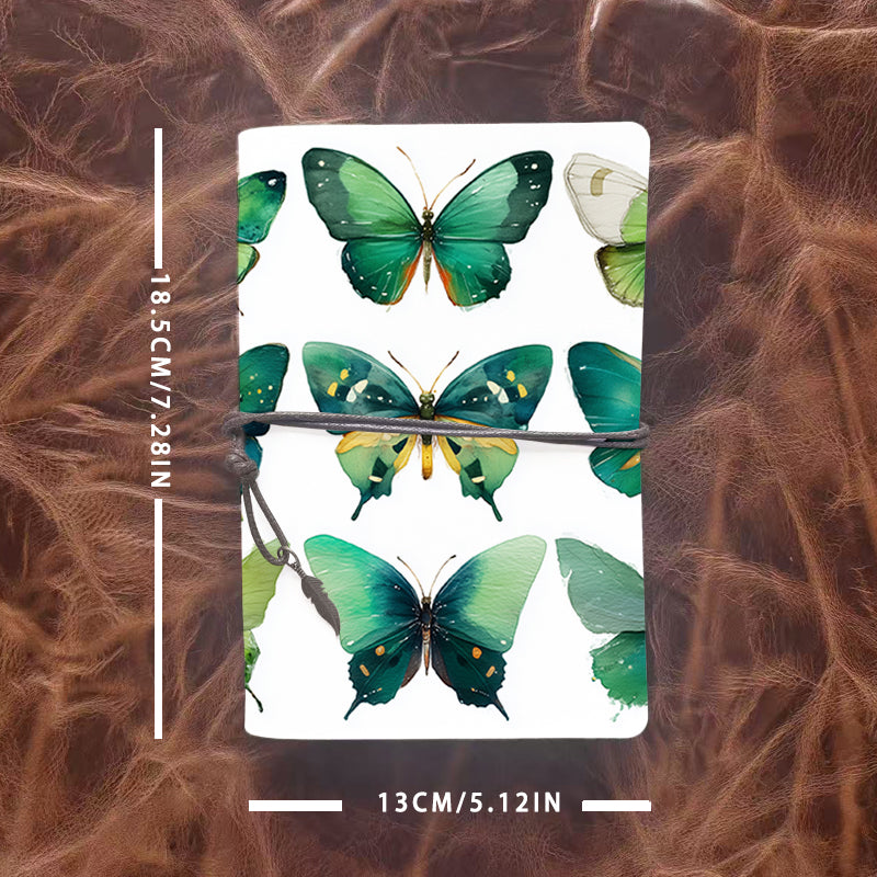 A6 Handmade Office Notebook, Vintage Design Metal Loose - leaf, 80 Sheets, Tether Closure w/ Metal Pendant with Green - hued butterflies wi