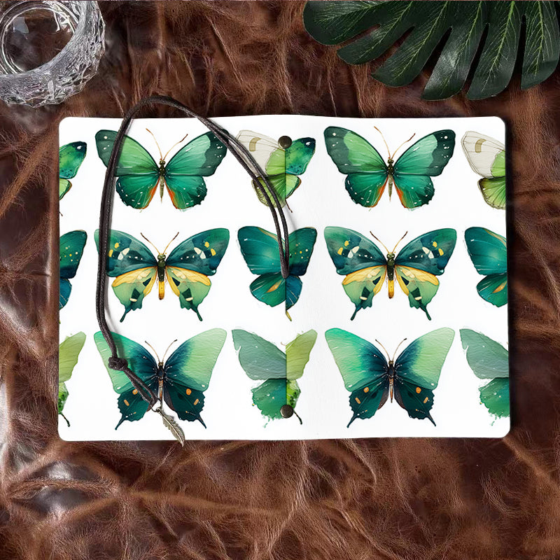 A6 Handmade Office Notebook, Vintage Design Metal Loose - leaf, 80 Sheets, Tether Closure w/ Metal Pendant with Green - hued butterflies wi