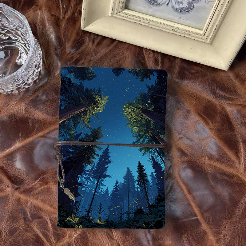 Handmade A6 Notebook with Vintage Metal Loose - leaf, 160 Pages, Tether Closure w/ Metal Pendant, Ideal for Office with Tall trees, firefli