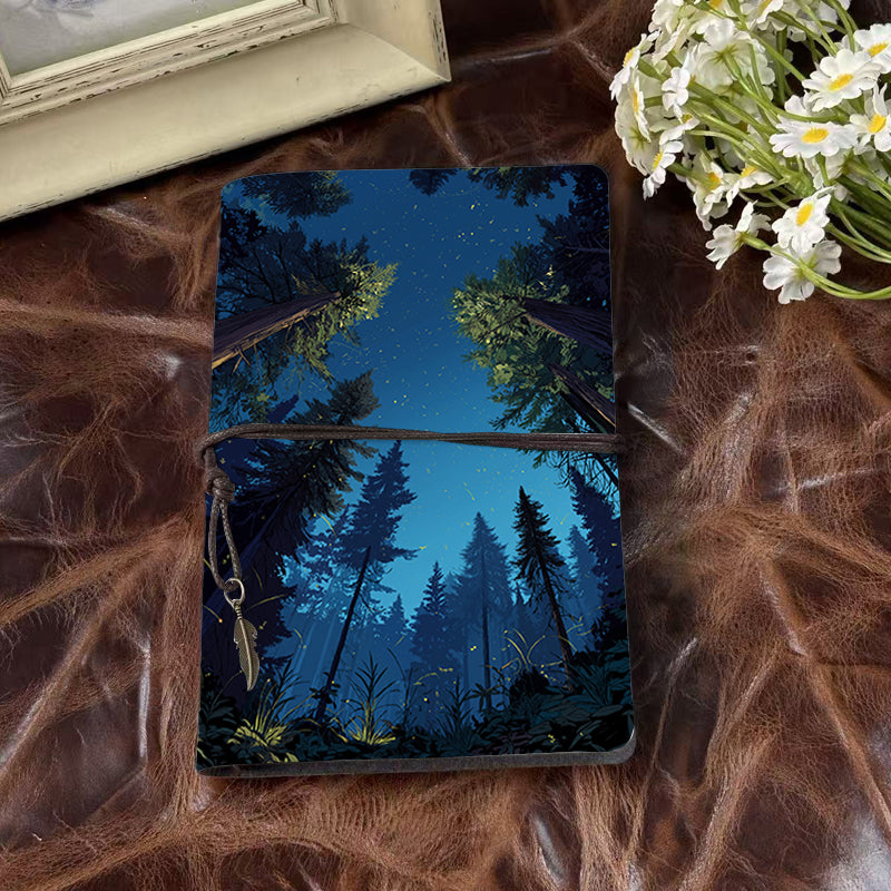 Handmade A6 Notebook with Vintage Metal Loose - leaf, 160 Pages, Tether Closure w/ Metal Pendant, Ideal for Office with Tall trees, firefli