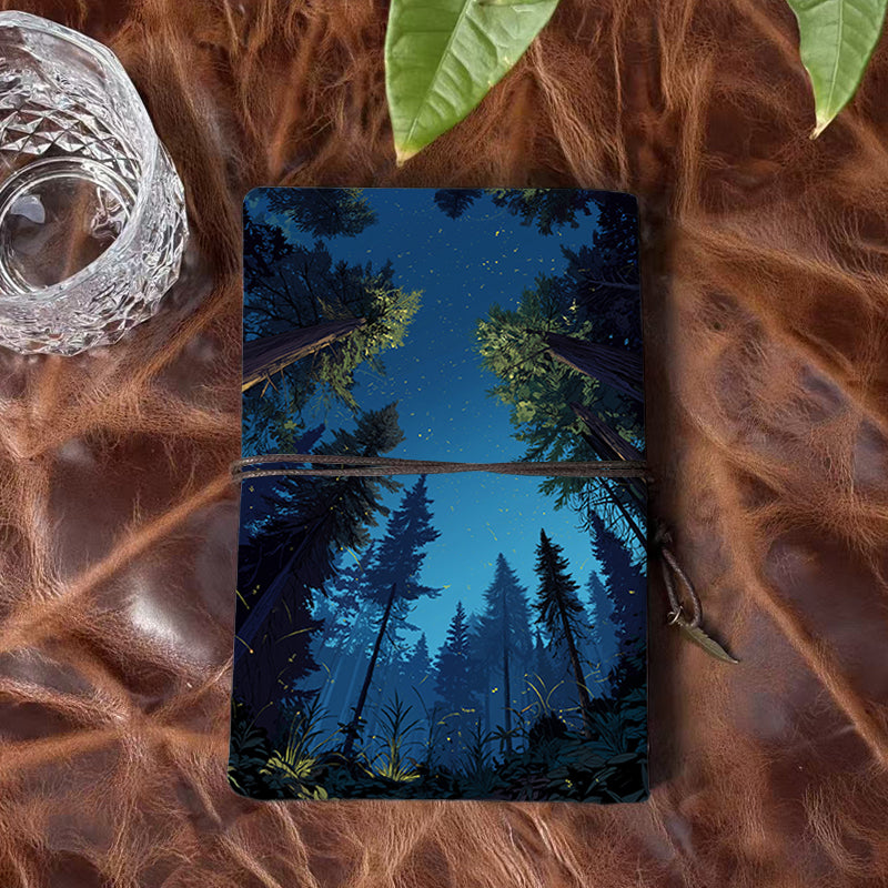 Handmade A6 Notebook with Vintage Metal Loose - leaf, 160 Pages, Tether Closure w/ Metal Pendant, Ideal for Office with Tall trees, firefli