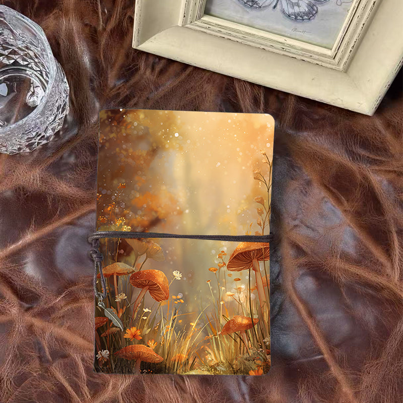 A6 Handmade Vintage Notebook, Metal Loose - leaf, 80 Sheets, Tethered with Metal Pendant, Office Memo with Mushrooms, flowers, grass, and s