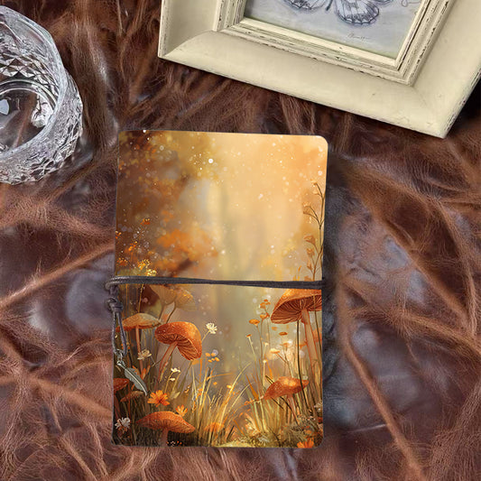 A6 Handmade Vintage Notebook, Metal Loose - leaf, 80 Sheets, Tethered with Metal Pendant, Office Memo with Mushrooms, flowers, grass, and s