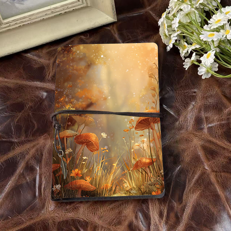 A6 Handmade Vintage Notebook, Metal Loose - leaf, 80 Sheets, Tethered with Metal Pendant, Office Memo with Mushrooms, flowers, grass, and s