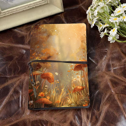 A6 Handmade Vintage Notebook, Metal Loose - leaf, 80 Sheets, Tethered with Metal Pendant, Office Memo with Mushrooms, flowers, grass, and s