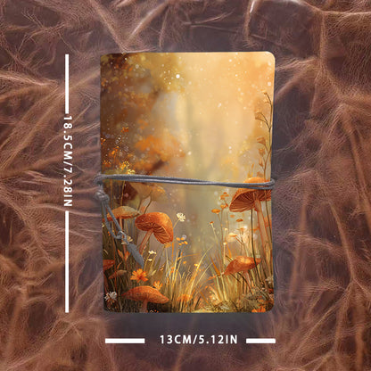 A6 Handmade Vintage Notebook, Metal Loose - leaf, 80 Sheets, Tethered with Metal Pendant, Office Memo with Mushrooms, flowers, grass, and s