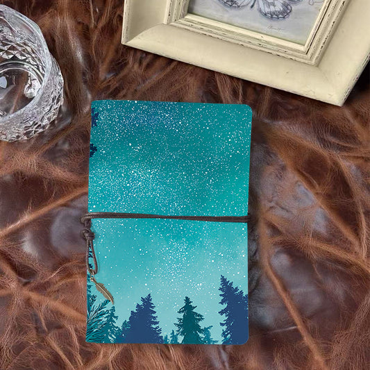 Handmade Office A6 Notebook, Vintage Style Metal Loose - leaf, 80 Sheets, Tether Closure w/ Pendant with Stars, snowflakes, pine - trees Pr