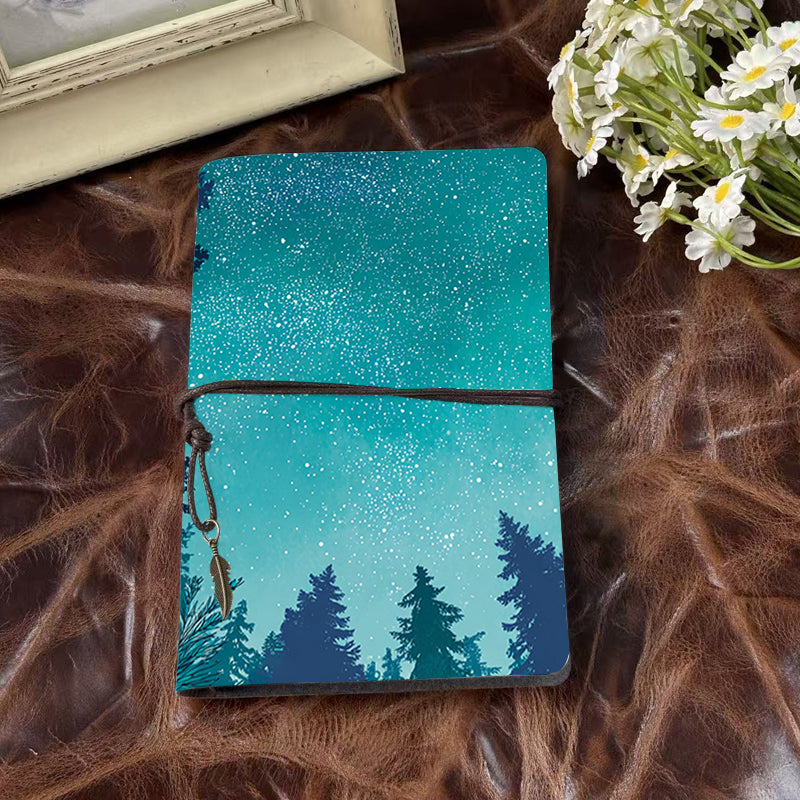 Handmade Office A6 Notebook, Vintage Style Metal Loose - leaf, 80 Sheets, Tether Closure w/ Pendant with Stars, snowflakes, pine - trees Pr