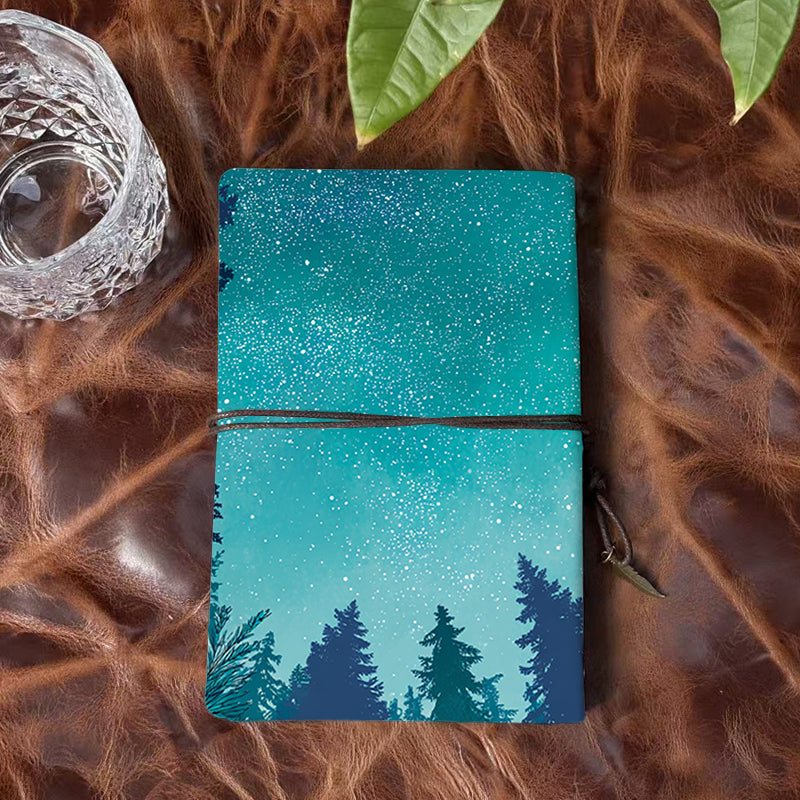 Handmade Office A6 Notebook, Vintage Style Metal Loose - leaf, 80 Sheets, Tether Closure w/ Pendant with Stars, snowflakes, pine - trees Pr