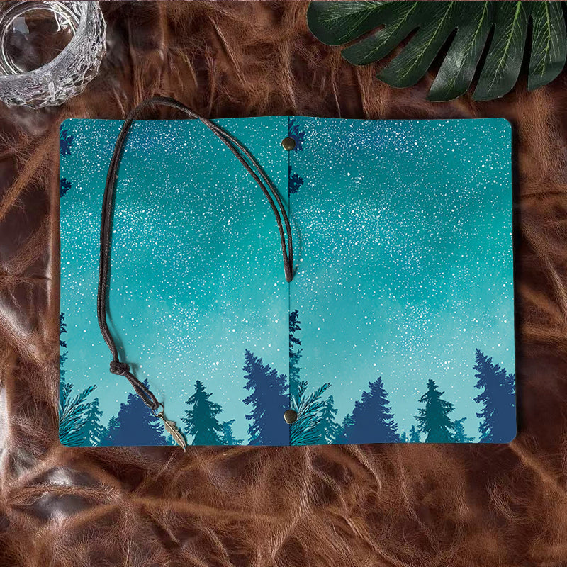 Handmade Office A6 Notebook, Vintage Style Metal Loose - leaf, 80 Sheets, Tether Closure w/ Pendant with Stars, snowflakes, pine - trees Pr