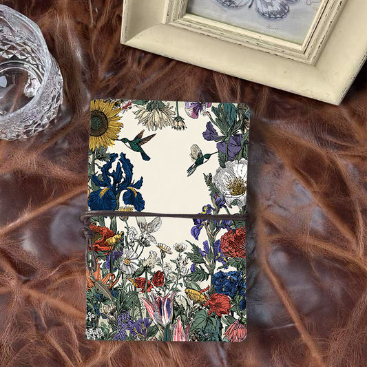 A6 Handmade Notebook - Vintage - inspired Metal Loose - leaf, 80 Sheets, Tether & Metal Pendant, Office Record with Hummingbirds, sunflower