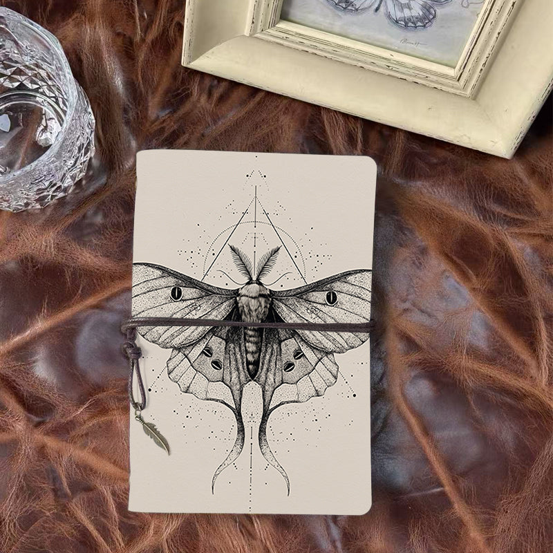 Vintage - Style A6 Handmade Notebook, 80 Sheets, Metal Loose - leaf, Tether Closure with Metal Pendant, Office Work with Moth with geometri