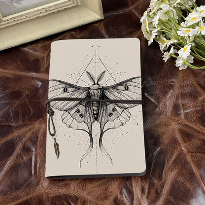 Vintage - Style A6 Handmade Notebook, 80 Sheets, Metal Loose - leaf, Tether Closure with Metal Pendant, Office Work with Moth with geometri