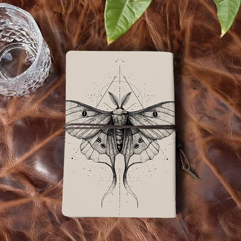 Vintage - Style A6 Handmade Notebook, 80 Sheets, Metal Loose - leaf, Tether Closure with Metal Pendant, Office Work with Moth with geometri