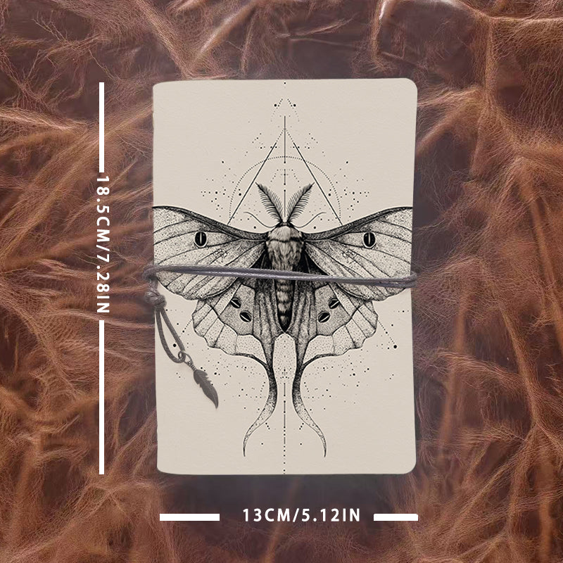 Vintage - Style A6 Handmade Notebook, 80 Sheets, Metal Loose - leaf, Tether Closure with Metal Pendant, Office Work with Moth with geometri