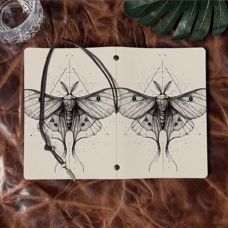 Vintage - Style A6 Handmade Notebook, 80 Sheets, Metal Loose - leaf, Tether Closure with Metal Pendant, Office Work with Moth with geometri