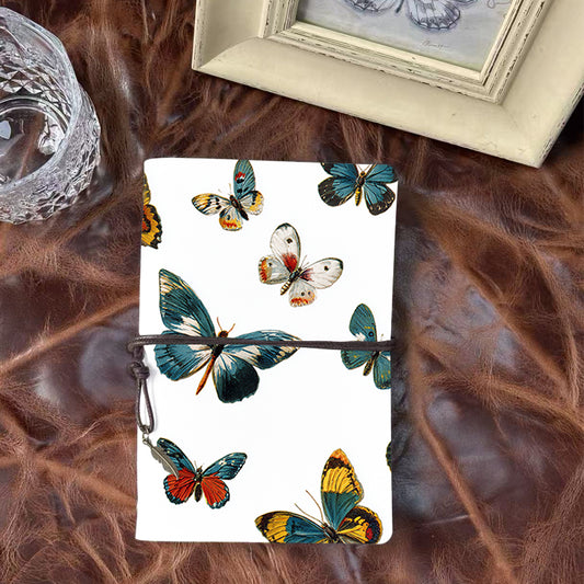 A6 Handmade Office Notebook, Vintage Metal Loose - leaf, 160 Pages, Tether & Metal Pendant, Conference Use with Various colorful butterflie