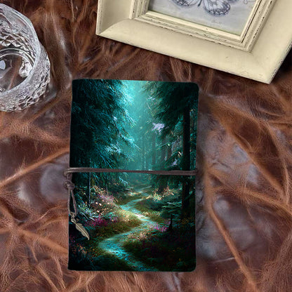 Handmade A6 Notebook, Vintage Metal Binder, 80 Sheets, Tether Closure with Metal Pendant, Office Use with Path, trees, plants, flowers, for